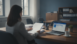 Maestro revisando listados de adjudicación de destino en una oficina de educación
