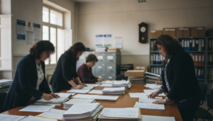 Fotografia periodistica realista de una oficina de administracion educativa en Espana, funcionarios revisando listados y d...