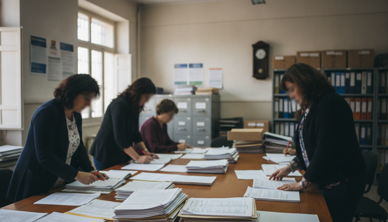 Fotografia periodistica realista de una oficina de administracion educativa en Espana, funcionarios revisando listados y d...