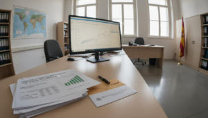 Statistical data analysis chart on a desk in an educational administrative office in Spain, official documents showing per...