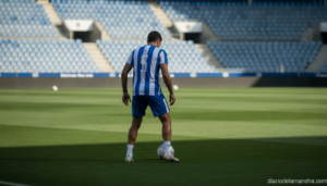 Photo-realistic editorial sports image: a football central defender in a blue and white kit training on a grass pitch, pre...