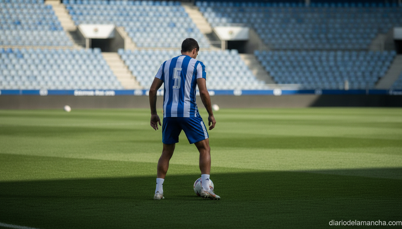 Photo-realistic editorial sports image: a football central defender in a blue and white kit training on a grass pitch, pre...