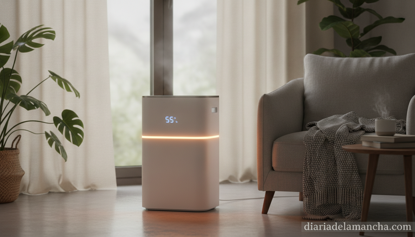 Adiós a la humedad con este deshumidificador: luces ajustables, alta capacidad y eficiencia energética 1 Deshumidificador compacto con luces LED en salon