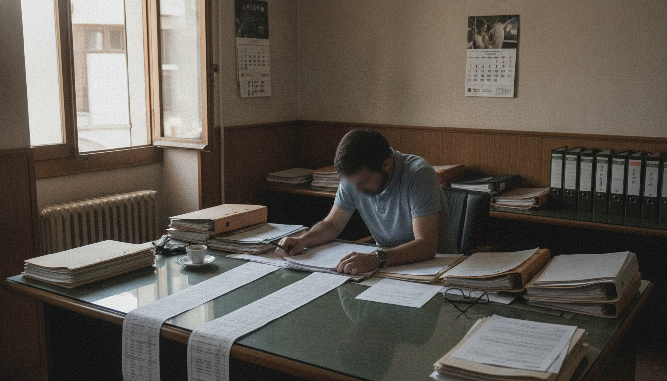 Fotografia periodistica realista de una oficina de administracion educativa espanola en verano, funcionario revisando list...