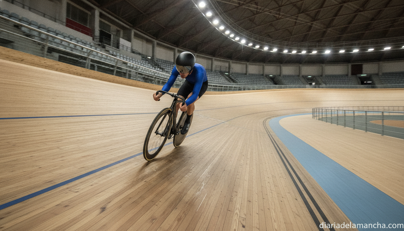 Wide-angle shot inside an indoor track cycling velodrome, steep banked wooden curves, a cyclist in generic dark-blue team ...