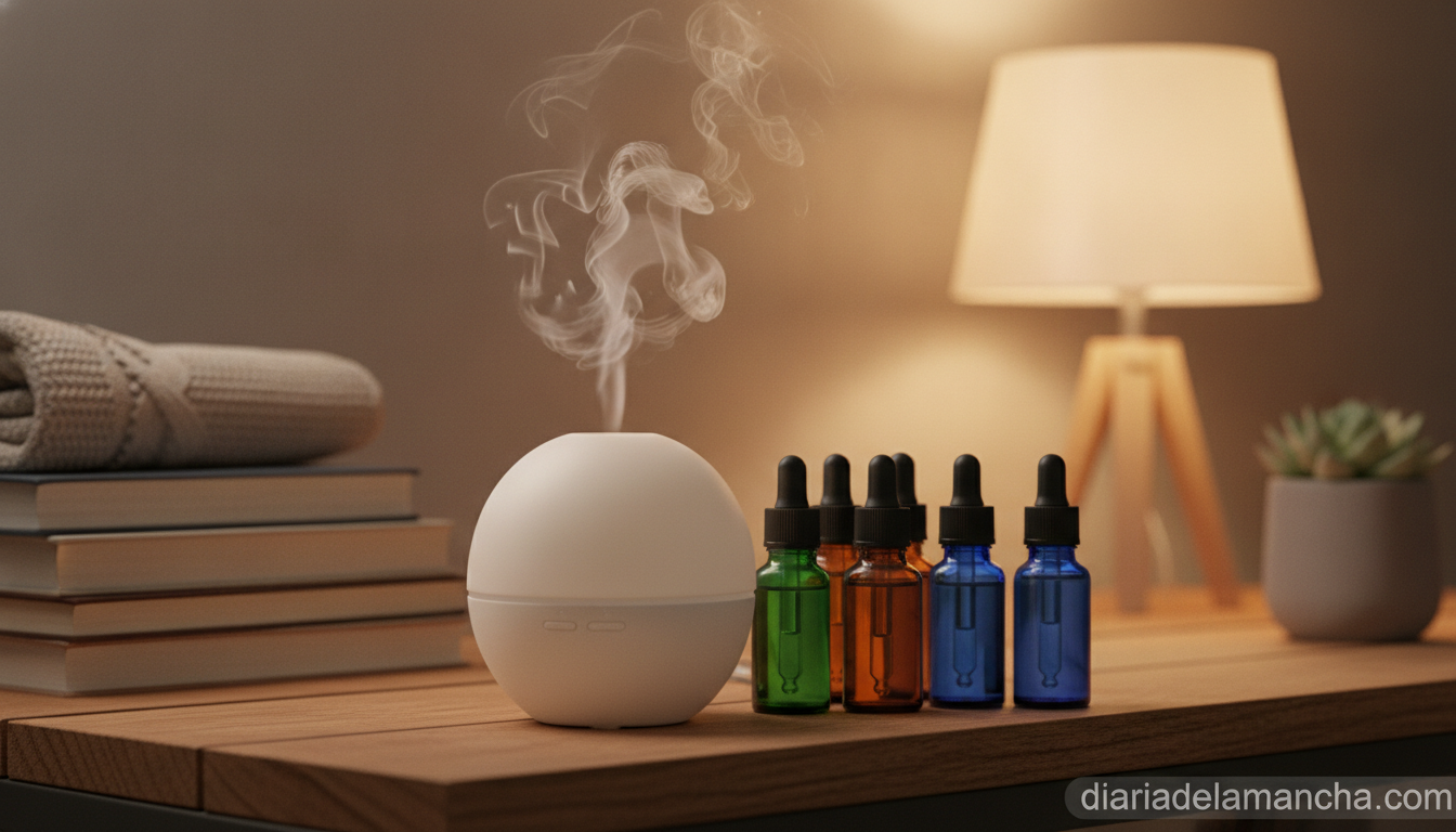 Difusor de aromaterapia con aceites esenciales en un salón