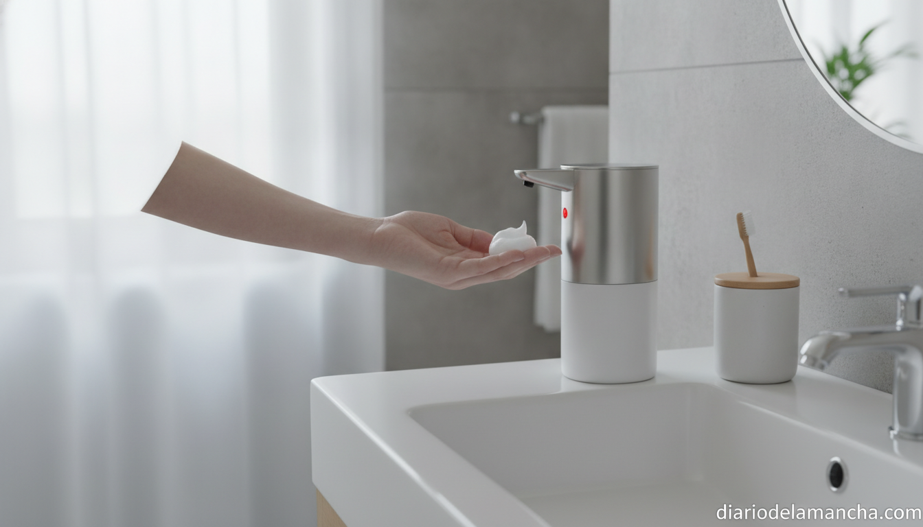Dispensador de jabon automatico en lavabo de bano