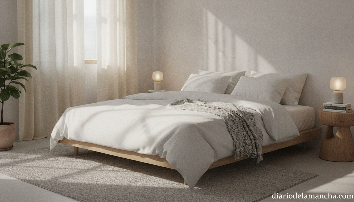 Dormitorio moderno con colchón cómodo y ropa de cama blanca