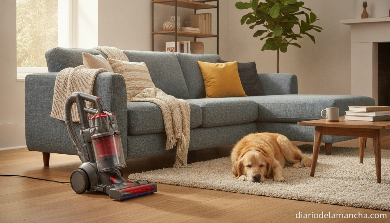 La aspiradora que mantiene su potencia, no requiere recambios y se limpia sola sin que tú toques la suciedad 2 Dyson Big Ball Parquet 2 junto a un sofá en un hogar con mascotas