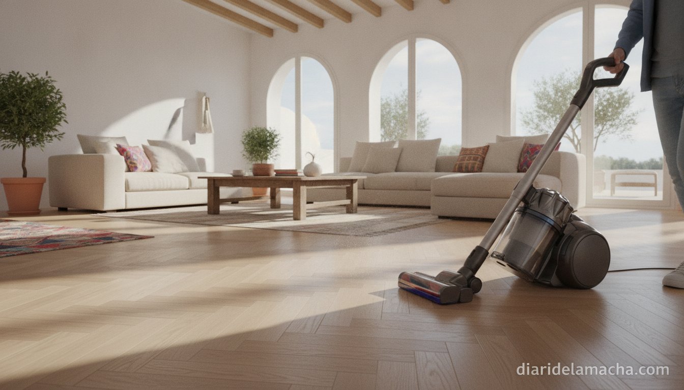La aspiradora que mantiene su potencia, no requiere recambios y se limpia sola sin que tú toques la suciedad 1 Dyson Big Ball Parquet 2 aspirando en suelo de parquet