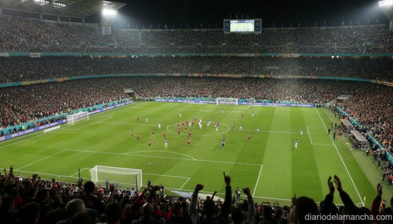 Stadium packed with fans during an intense international football match under floodlights, aerial perspective showing the ...