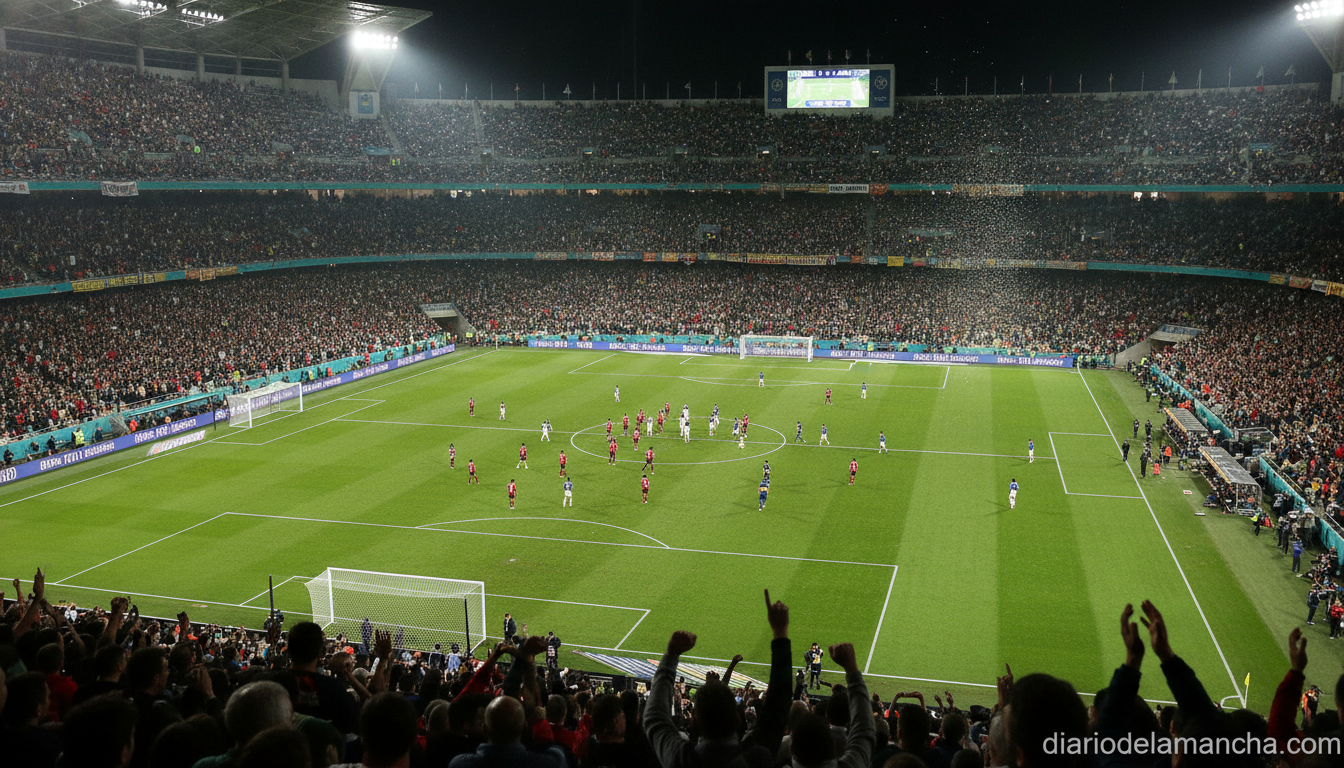 Stadium packed with fans during an intense international football match under floodlights, aerial perspective showing the ...