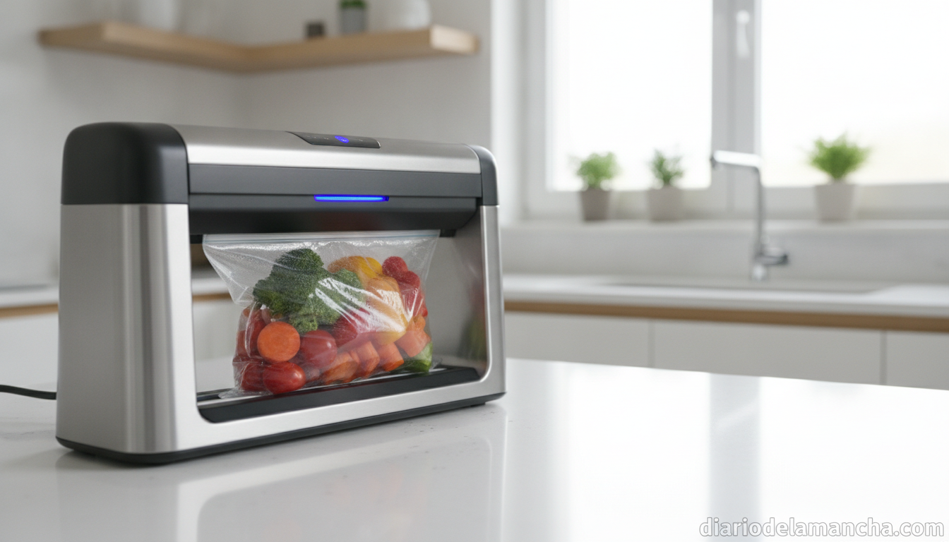 Envasadora al vacío doméstica sellando alimentos en una cocina