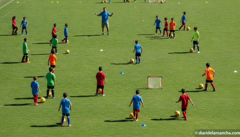 Wide realistic photo of a children's summer football camp on a municipal outdoor sports pitch in Spain, kids in colorful s...