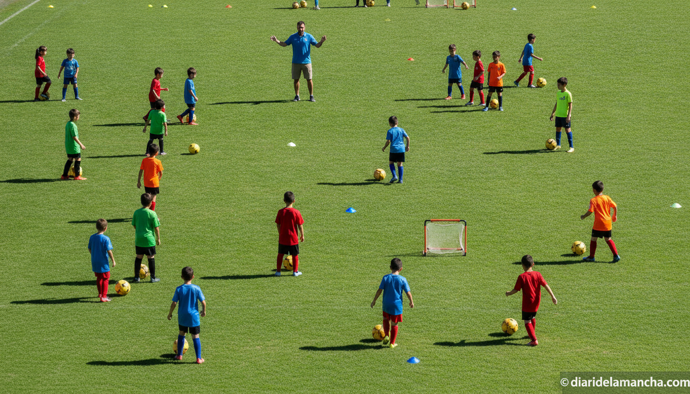 Wide realistic photo of a children's summer football camp on a municipal outdoor sports pitch in Spain, kids in colorful s...