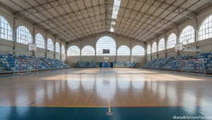 Realistic photojournalistic wide shot of an empty municipal sports pavilion with a multi-sport court, colored floor lines,...