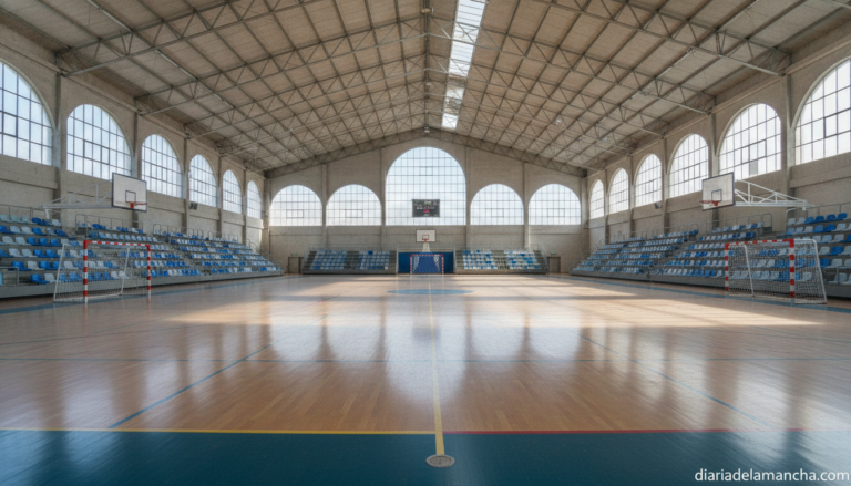 Realistic photojournalistic wide shot of an empty municipal sports pavilion with a multi-sport court, colored floor lines,...