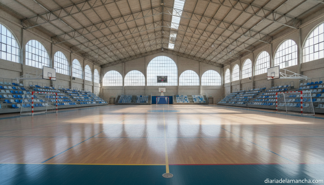 Realistic photojournalistic wide shot of an empty municipal sports pavilion with a multi-sport court, colored floor lines,...