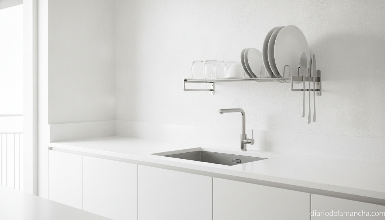 Escurreplatos de pared de acero inoxidable en cocina moderna