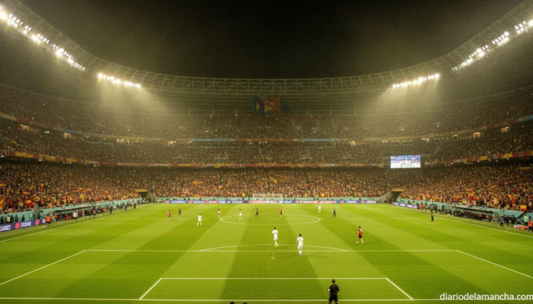 Photojournalistic realistic photo of a soccer stadium at night during a World Cup quarter-final match, packed stands, floo...