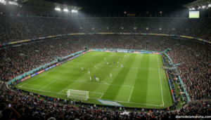 Photojournalism style photo of a packed football stadium at night during a World Cup semifinal match, stadium lights, gene...
