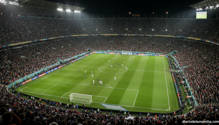 Photojournalism style photo of a packed football stadium at night during a World Cup semifinal match, stadium lights, gene...