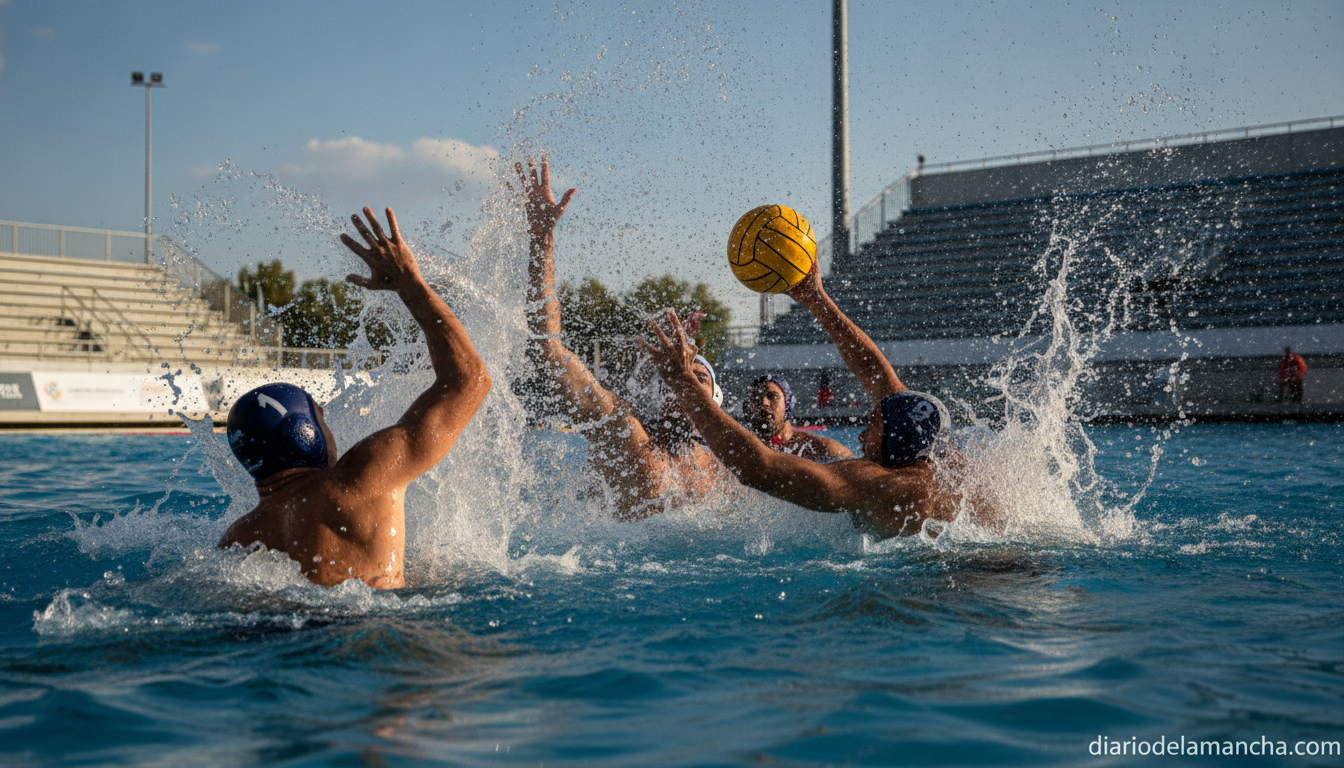 Realistic photojournalism style image of a men's water polo match in an outdoor Olympic swimming pool, players in the wate...
