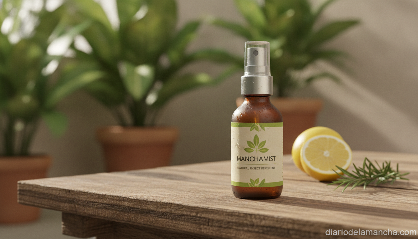 Espray antimosquitos natural Puressentiel en una terraza de verano