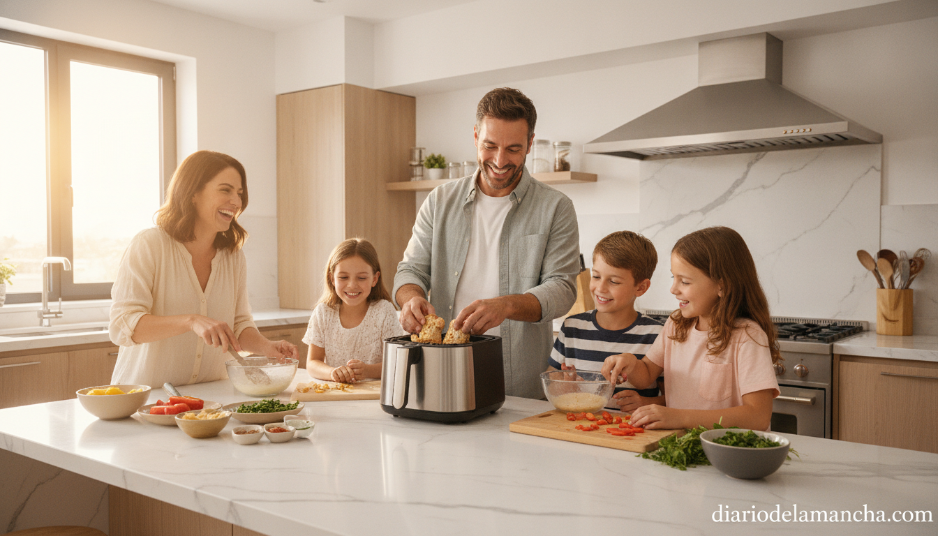 Familia cocinando con freidora de aire en la cocina
