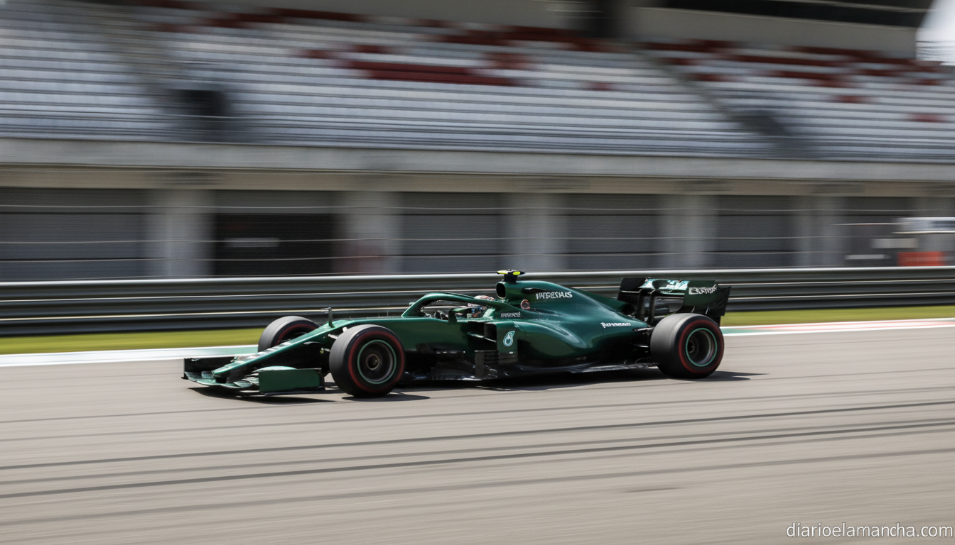 Formula 1 race car on a track during a Grand Prix, motion blur suggesting speed, generic dark green livery with no visible...