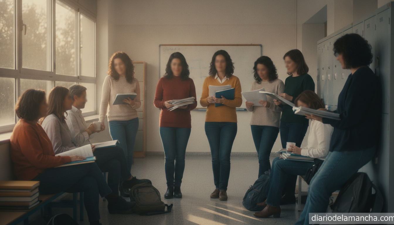 Group of teachers at the end of the school year, standing in a school corridor, relaxed and tired but satisfied, natural l...
