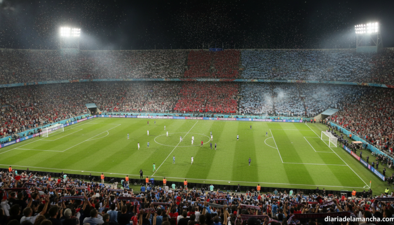 Wide shot of a packed football World Cup final stadium at night, green pitch under stadium lights, red and light blue crow...