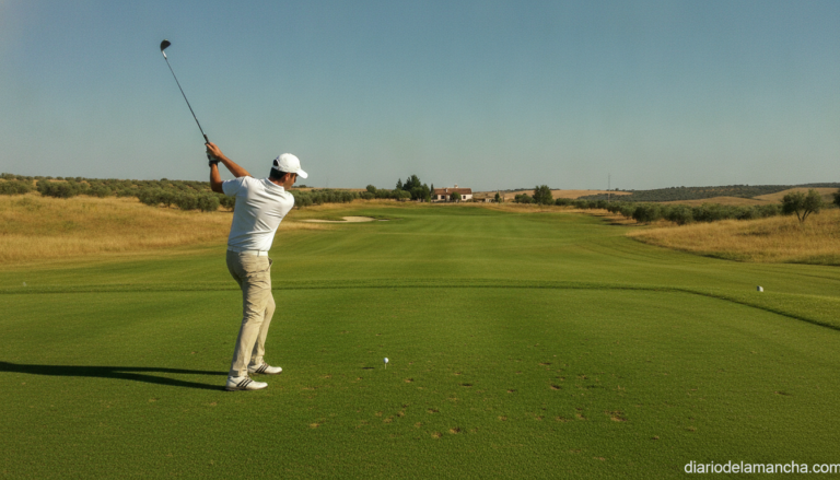 Golf player taking a swing on a sunny golf course in the Spanish countryside of Castilla-La Mancha, realistic photography ...