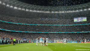 Photojournalistic wide shot of a football stadium at night during a World Cup quarter-final, players in blue kits celebrat...