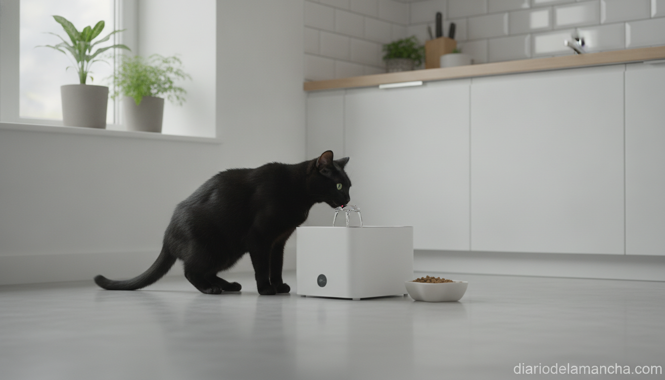 Gato bebiendo de una fuente de agua automática para mascotas