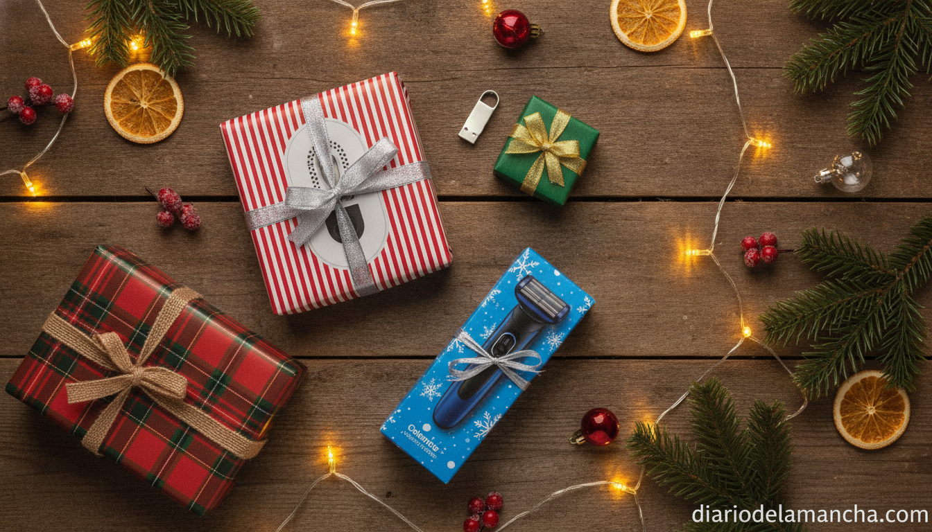 Gadgets tecnológicos envueltos como regalos de Navidad