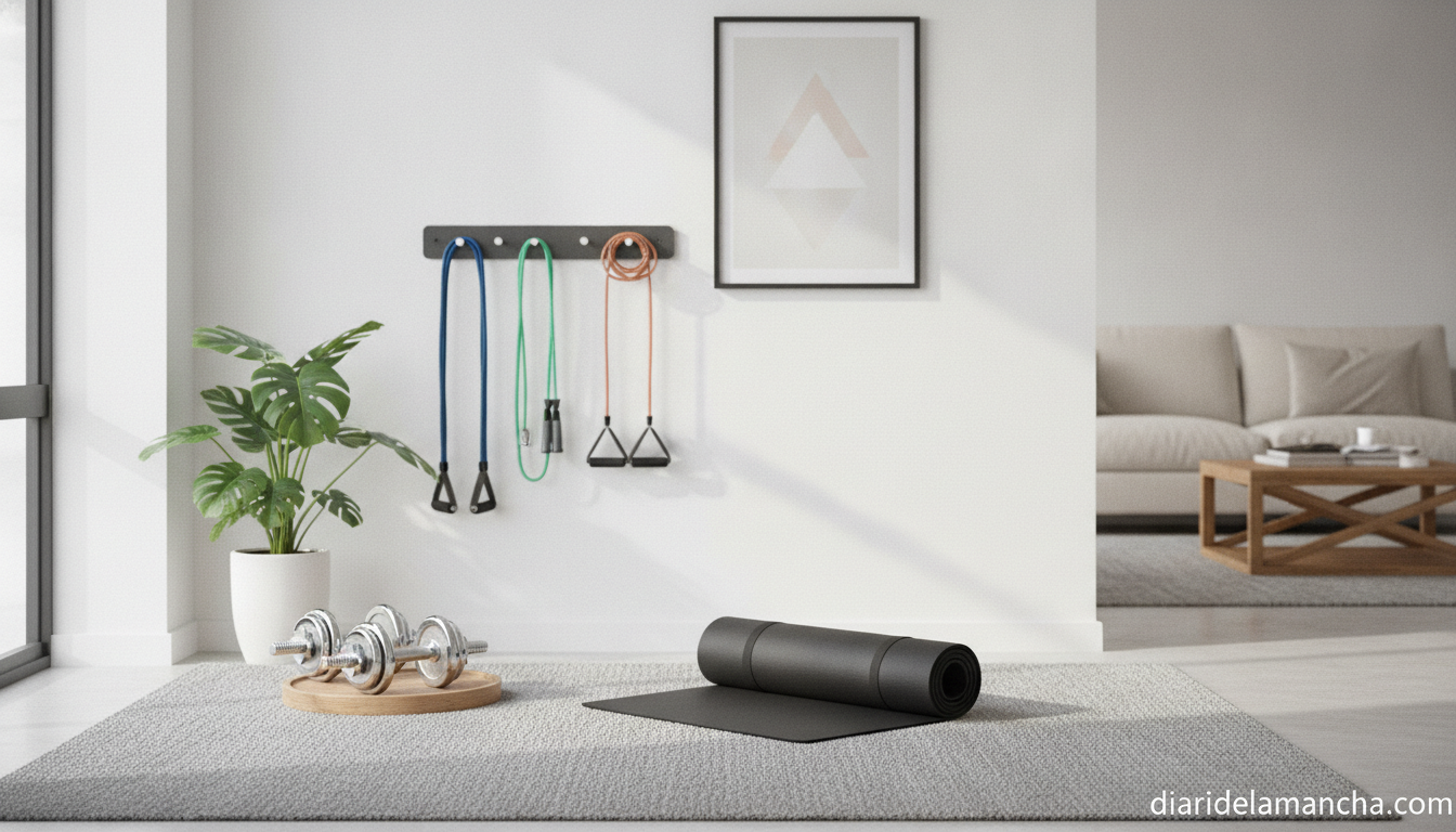 14 indispensables para una rutina de ejercicio casera y exitosa 1 Accesorios de gimnasio en casa en un rincón del salón