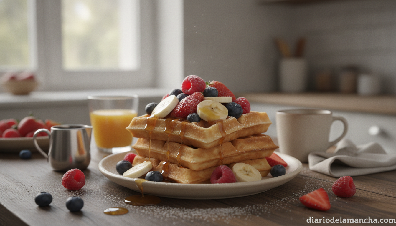 Plato de gofres con fruta y sirope listos para desayunar