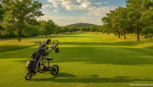Golf course scene, adaptive golf equipment resting on green grass, wide fairway under summer sky, sports photography style...
