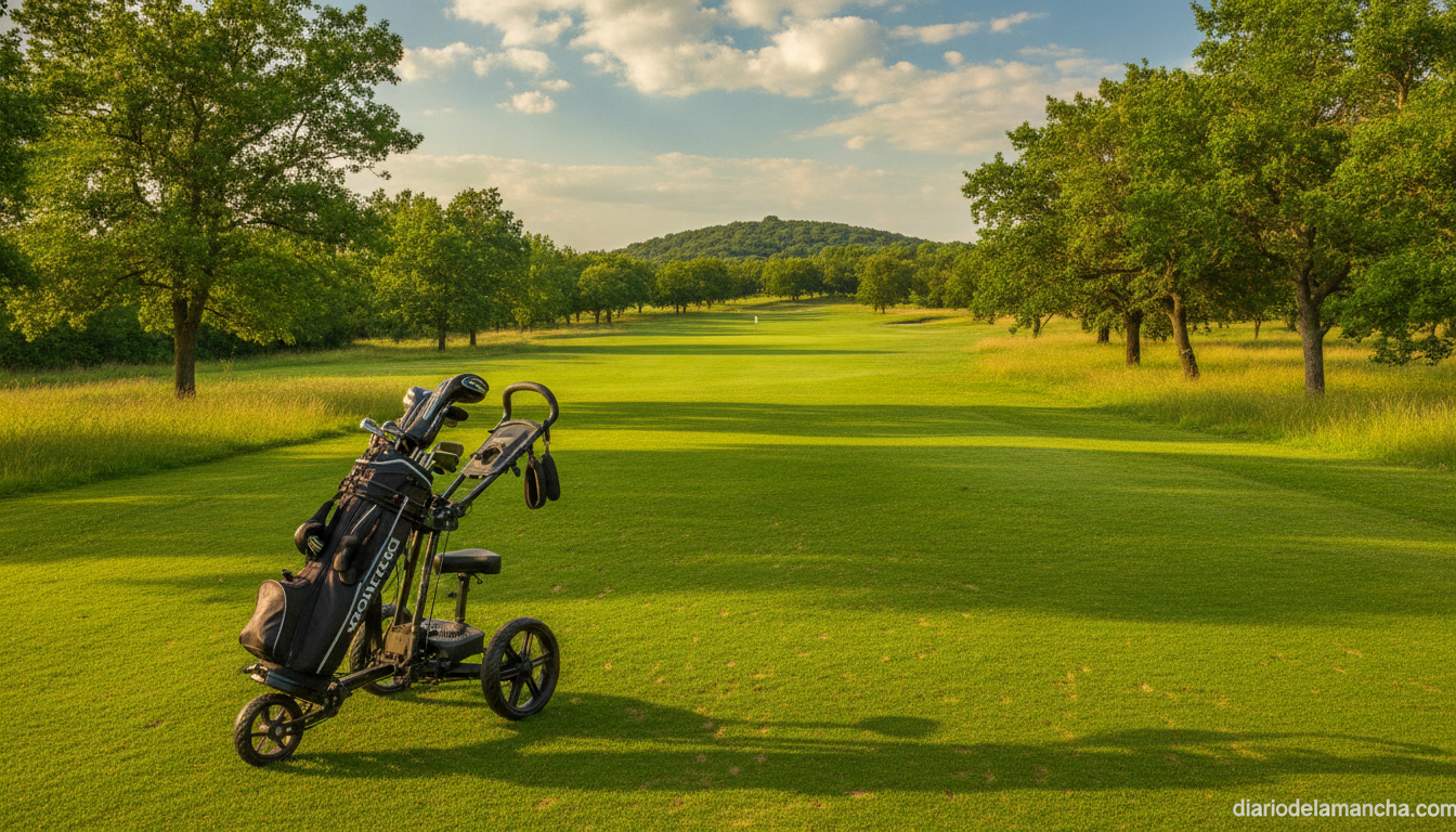 Golf course scene, adaptive golf equipment resting on green grass, wide fairway under summer sky, sports photography style...