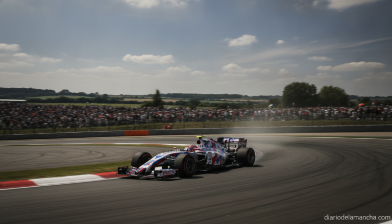 Formula 1 race car on track at a famous British circuit, wide angle shot showing the car cornering at high speed on a sunn...