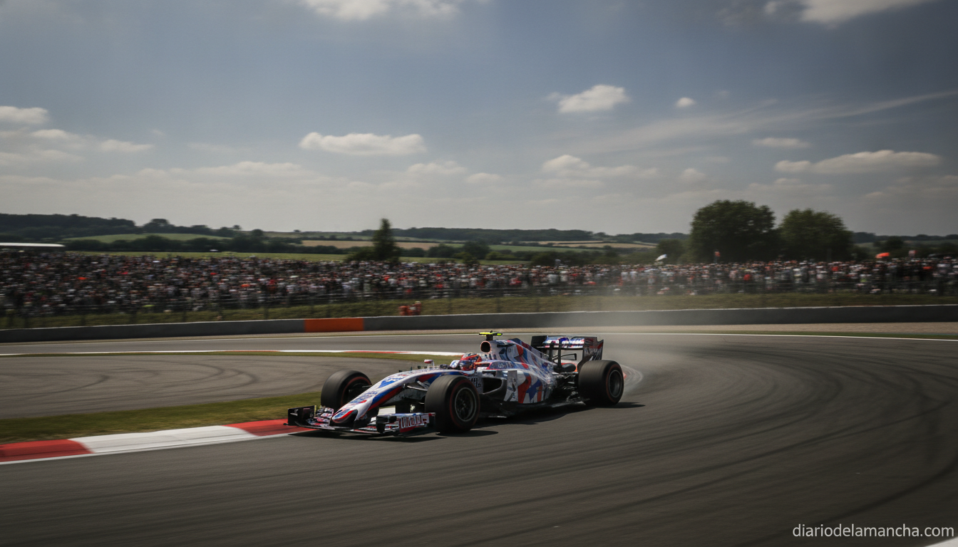 Formula 1 race car on track at a famous British circuit, wide angle shot showing the car cornering at high speed on a sunn...