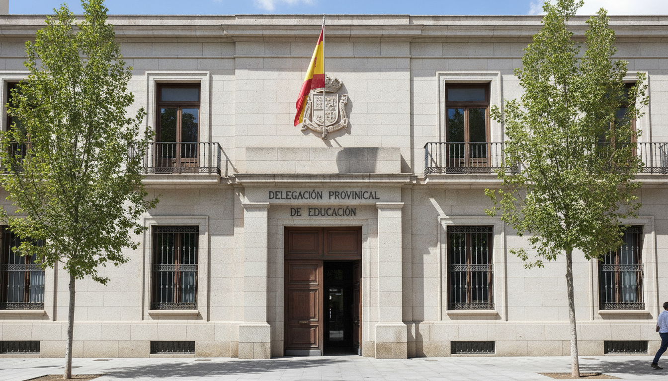 Fotografia periodistica realista de la fachada de un edificio administrativo provincial con bandera, ambiente instituciona...