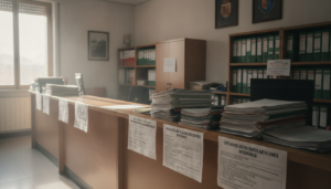 Fotografía periodística realista: oficina administrativa de una delegación provincial de educación en una ciudad de Castil...