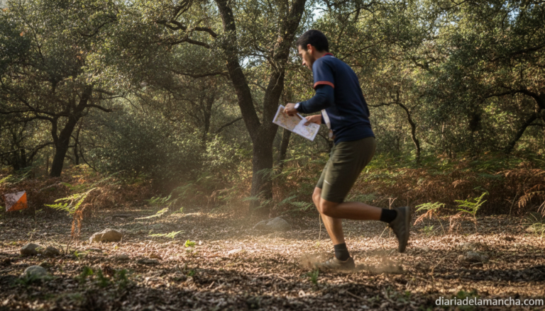 Realistic photojournalism style image of an orienteering athlete running through a Spanish forest holding a map and compas...