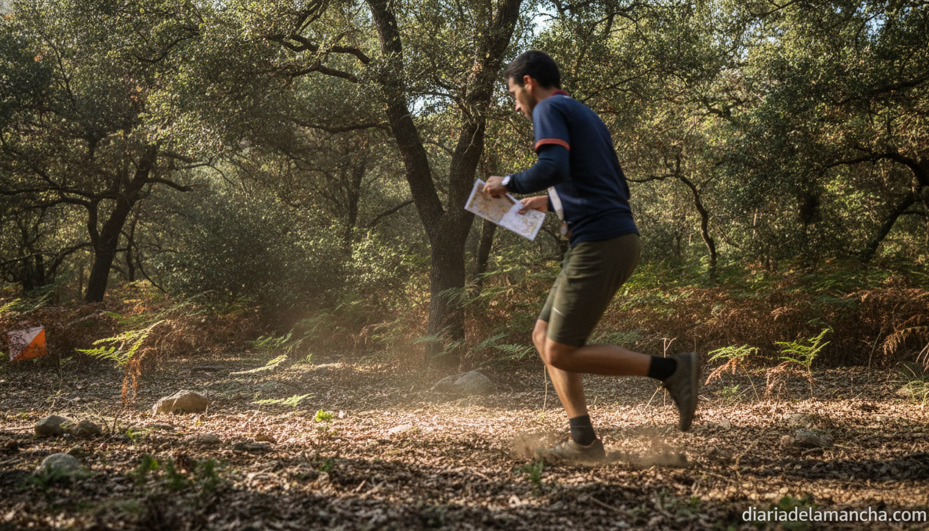 Realistic photojournalism style image of an orienteering athlete running through a Spanish forest holding a map and compas...