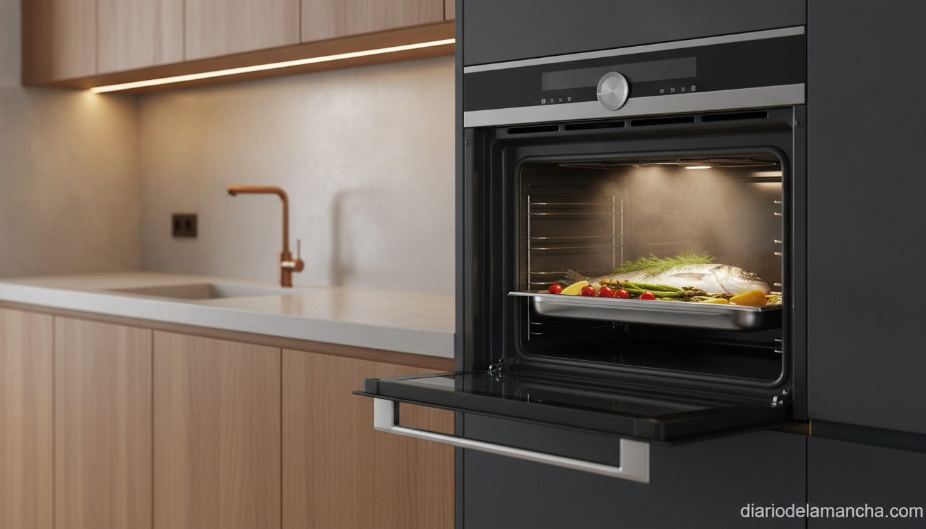 Horno de vapor moderno empotrado en cocina con alimentos cocinandose