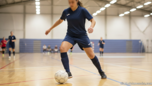 Indoor futsal court action shot, a female futsal player in generic dark blue sports kit dribbling the ball on a wooden ind...