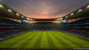 Photojournalistic realistic photo of an empty large football stadium at dusk in the United States, dramatic stadium lights...