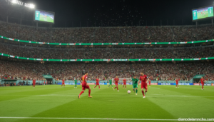 Realistic photograph of a football stadium at night during a World Cup match, players in generic red and green kits withou...
